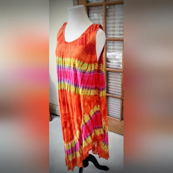 Brand New Handmade Tye Dye Asymmetrical Dress, Sleeveless, One Size Fits Most - Picture 2 of 11